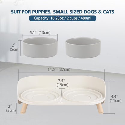 AHX Cat Food Water Bowl Set - Raised Cat Bowls with Non Slip Stand - Elevated Puppy Bowls for Small Dogs - Double Ceramic Cat Feeding Bowls with Splash Proof Guard - Tall Cat Dishes