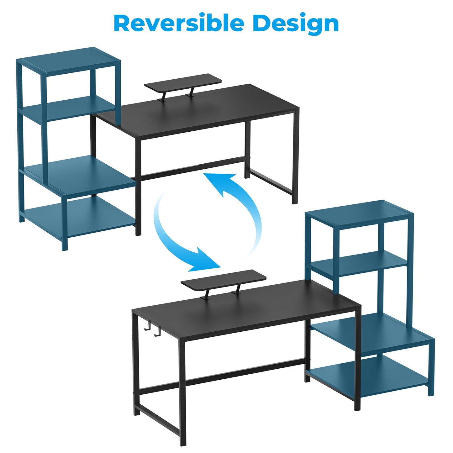 GreenForest Computer Desk 58 inch with Printer Shelf, Reversible Office Desk with Monitor Stand and 2 Hooks, Home Workstation for Study Writing Working Gaming, Black
