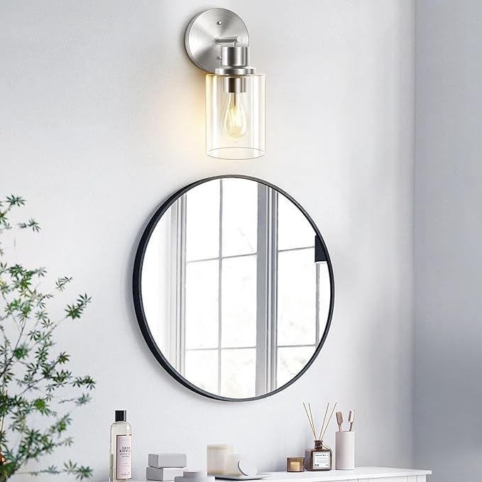 GORDNWE Set of 2 Bathroom Wall Sconce, Brushed Nickel Vanity Light, Modern Wall Light Fixture with Clear Glass Shade and E26 Bulb Base, Wall Lamp Wall Mount Light Fixtures for Mirror, Bedroom