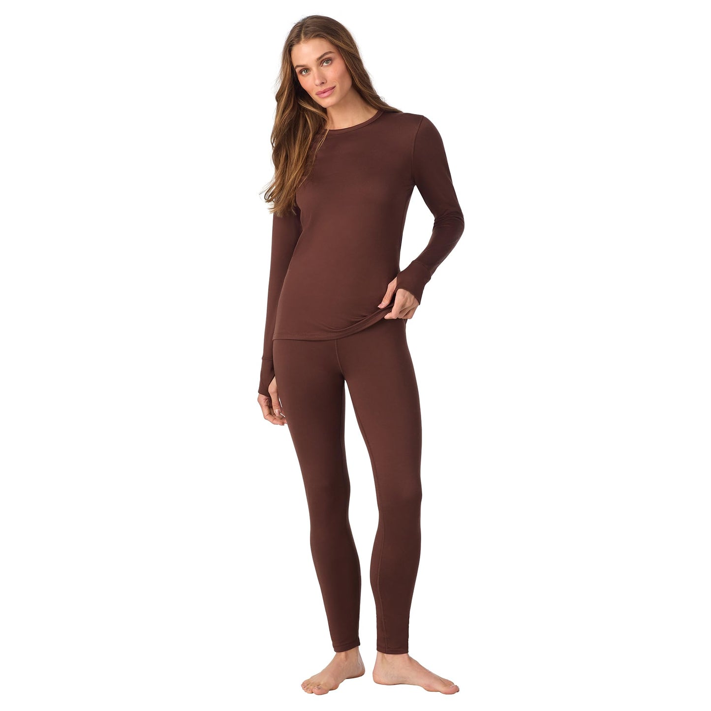 Cuddl Duds Womens Heavyweight Fleece 2 Piece Long Sleeve Thermal Underwear Set – Shirt & Leggings Base Layer for Cold Weather Winter Clothing Long Johns Lounge Sets for Women, Chocolate Brown, XXS