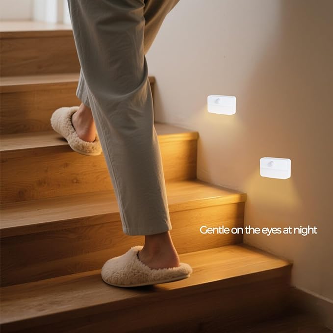 Motion Sensor Night Light Indoor, Rechargeable LED Stair Lights, Warm White Stick-On Closet Lights, Battery Operated Hallway, Cabinet, Bedroom, Kitchen Lamps (6 Pack, White)