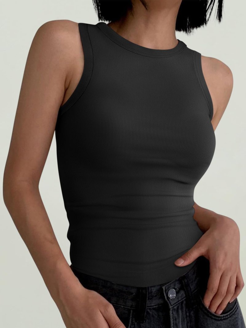 ANRABESS Womens Sleeveless High Neck Tank Tops Fashion Summer Casual Basic Slim Fit Ribbed Racerback Top Shirt Clothes Black-L