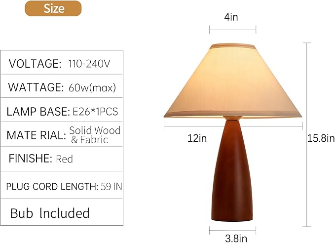 2 Pack Bedside Table Lamp for Bedroom,Mid-Century Modern Plug in Fabric Shade & Solid Wood Base Desk Lamp,Plug & Play Warm Brown Nightstand Lamp for Living Room,Office,Switch Power Cord【Bulb Included】