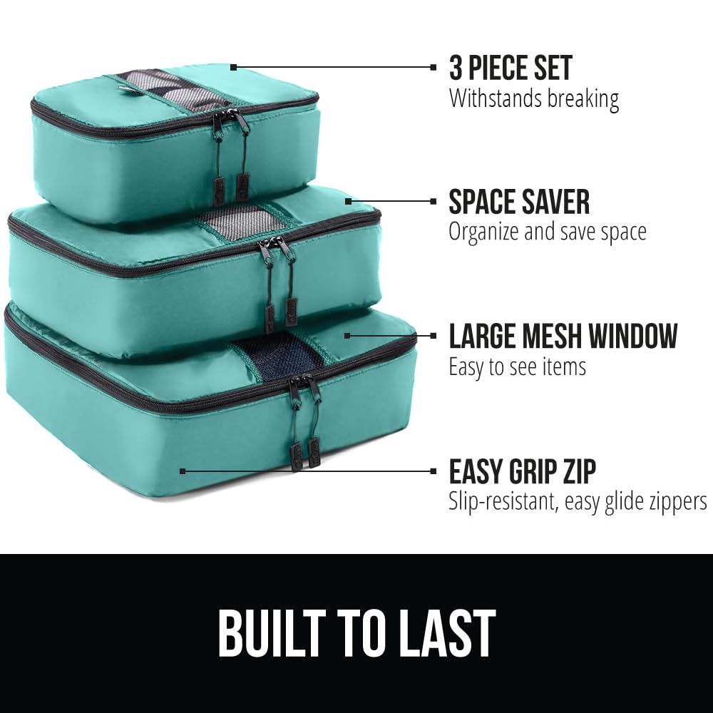 GORILLA GRIP Packing Cubes, Travel Essentials for Suitcase, Mesh Organizer Bags for Clothes Toiletries Shoes and Laundry, Luggage and Carry On Airplane Accessories, Traveling Must Have 3 Set Turquoise