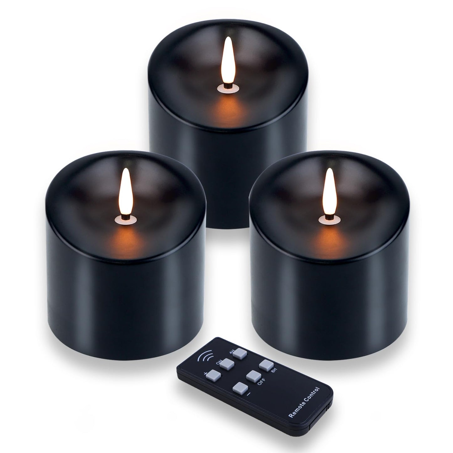 TECHLONG Black Outdoor Waterproof Flameless Candles with Timer, Remote Control Battery Operated Candles Flickering Last 600 Hours, 3"x3" Electric Fake LED Candles for Halloween Decoration, Set of 3