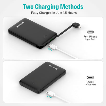 Slim Portable Charger with Built in USB C Cable,20W Fast Charging Power Bank,Small Mini Lightweight Phone Battery Pack 6000mAh,Ultra Thin Travel Essentials for iPhone 17 16 15 Series,Samsung,Android