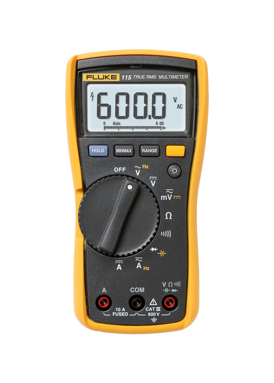 Fluke 115 Digital Multimeter, Measures AC/DC Voltage To 600 V & Current to 10 A, Measures Resistance, Continuity, Frequency & Capacitance, Includes Battery, Holster & 4mm PVC-Insulated Test Lead