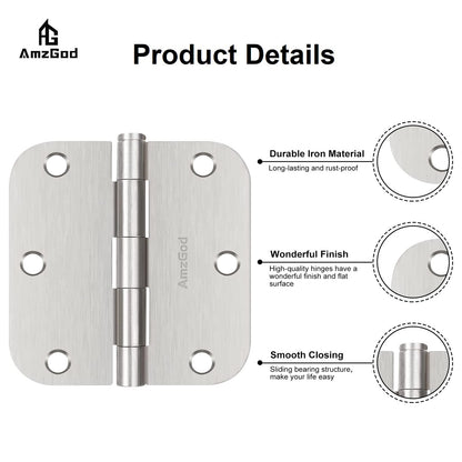 AmzGod Door Hinges Brushed Nickel - 3 Pack Satin Nickel 3.5 Inch Rounded Interior Door Hinges with 5/8" Radius - Flat Iron Residential Standard 3 1/2 Inches Silver Door Hardware