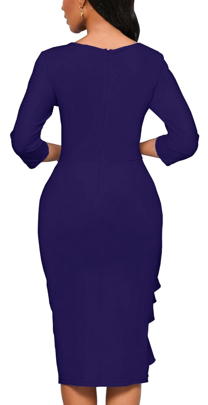 Purple Dress Women Summer Party 3/4 Sleeve Ruffle Peplum Work Midi Pencil Dress(Purple Large)