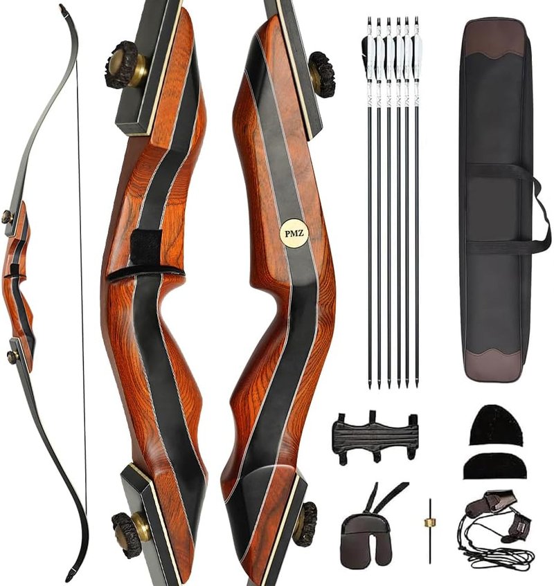 PMZ Recurve Bow and Arrow Set - 60" Wooden Takedown Bow Kit for Youth & Adults | 6 Arrows Included, 20-60lbs RH Only