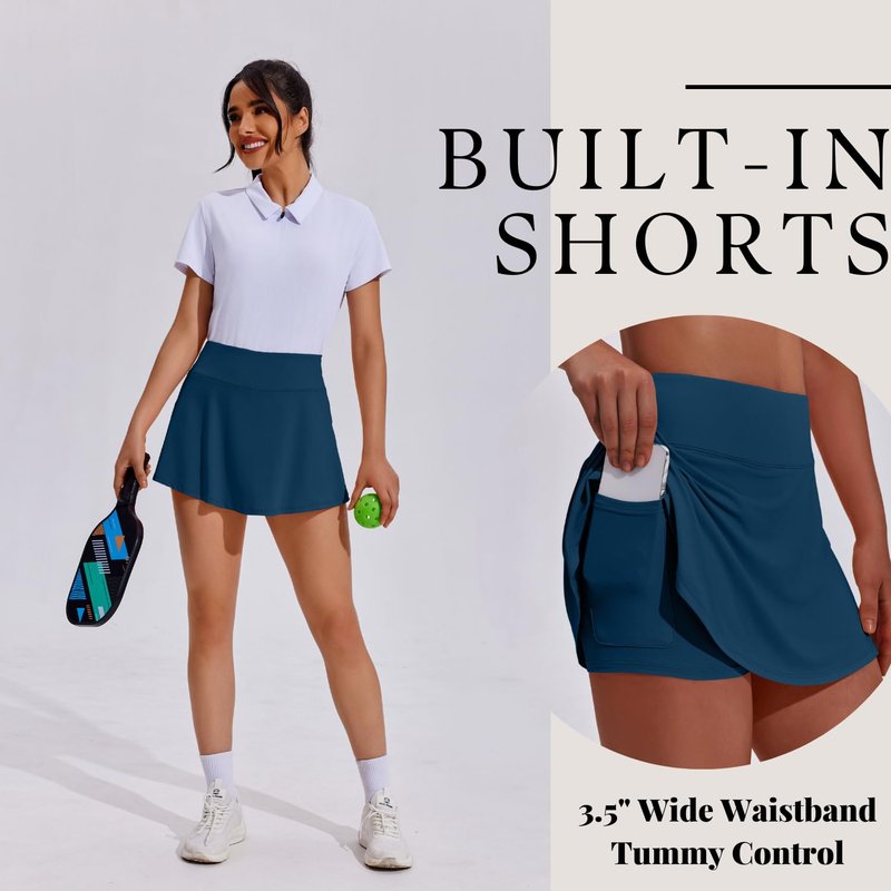 PINSPARK Tennis Skirts for Women Workout Golf Skorts Pleated High Waisted Athletic Skirt with Pockets,Dark Blue Medium