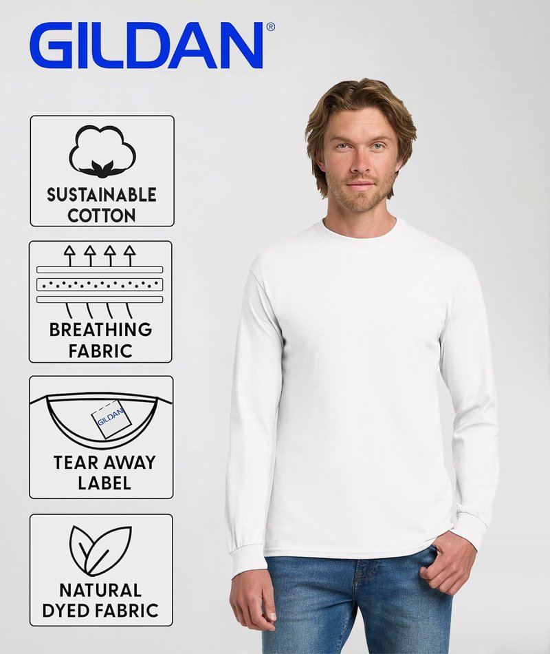 Gildan Custom Long Sleeve T-Shirts - Personalized Heavy Cotton Crewneck Tee Unisex Men Women Adult - Add Your Image, Text & Photo - Customized Long Sleeve Tee Shirts for Men, Women - XX-Large White