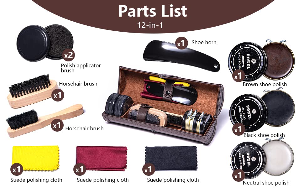 YUET Shoe Polish Kit Cleaning Shine Care Barrel Set For Brown Black Leather With Brush Travel Case Luxury Premium Soft Horsehair Bristle Dauber, Wooden Applicator, Shoehorn, Cloth 12 Piece Brown Pouch