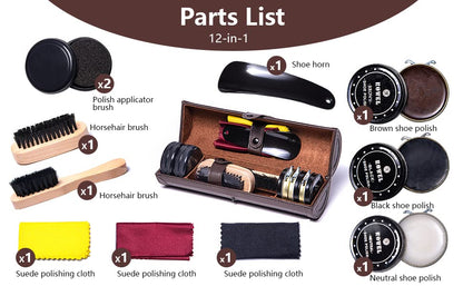 YUET Shoe Polish Kit Cleaning Shine Care Barrel Set For Brown Black Leather With Brush Travel Case Luxury Premium Soft Horsehair Bristle Dauber, Wooden Applicator, Shoehorn, Cloth 12 Piece Brown Pouch