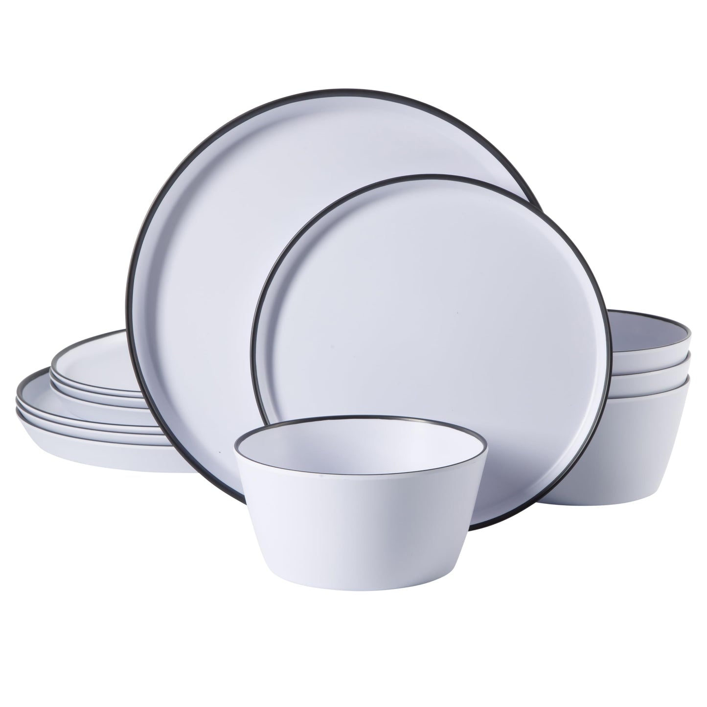 Gibson Home Folsom Shores 12 Piece Unbreakable Modern Melamine Plates and Bowls Dinnerware Set - Outdoor, Camping, & Everyday Use - White W/Black Rim