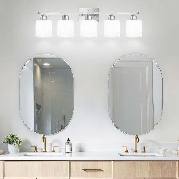 5 Light Bathroom Light Fixtures Brushed Nickel, Bathroom Vanity Light with Milky White Frosted Glass Shade, Vanity Lights for Mirror Bedroom Living Room E26 Base