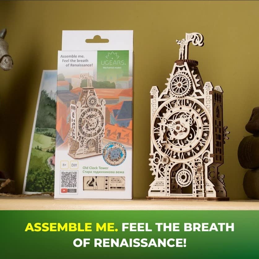 UGEARS Wooden Model Kits For Adults to Build - Old Clock Tower 3D Wooden Puzzles For Adults - Mechanical Engineering Gifts for Fathers Day - Medieval-Inspired 3D Puzzle Clock with Moving Part - 44 Pcs