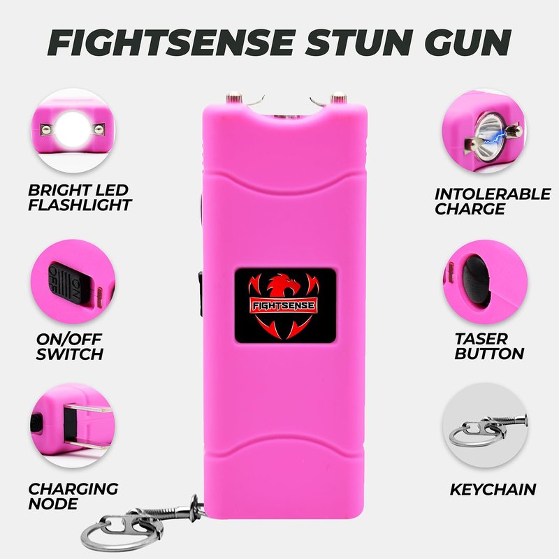 FIGHTSENSE Super Heavy Duty Keychain Stun Gun with Flashlight for Men and Women self Defense Device, Rechargeable Stun Gun, Nylon Holsters (Pink)