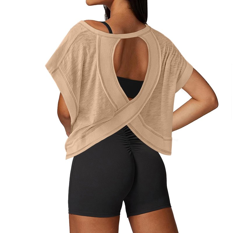 UNIANKIYA Open Back Workout Tops for Women Loose Fit Athletic Crop Tee Short Sleeve Gym Running Yoga Shirt Khaki
