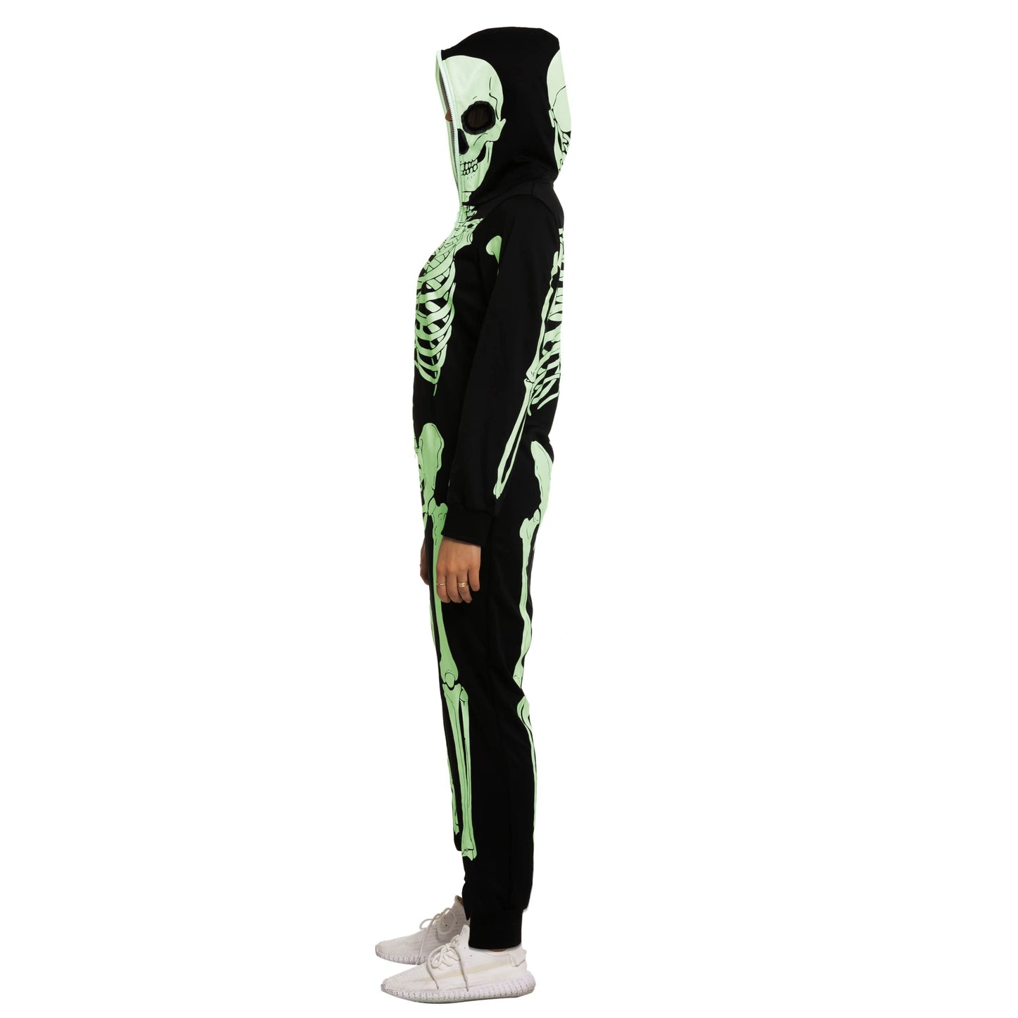 Spooktacular Creations Skeleton Costume Adult Women, Glow in the Dark Costume, Plush Skeleton Pajama Zippered Hoodie for Halloween Dress Up Parties-M