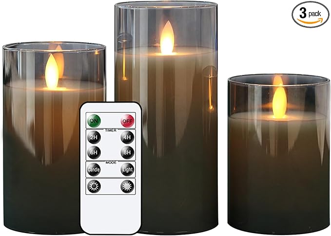 GenSwin Glass Flameless Candles with Remote Timer,(Set of 3, D3”x4”5”6”)