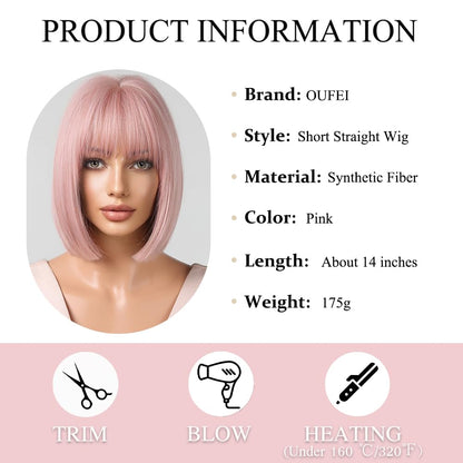 OUFEI Pink Bob Wig With Bangs Short Straight Wig For Women Synthetic Hair Wigs for Daily Party Cosplay Wear