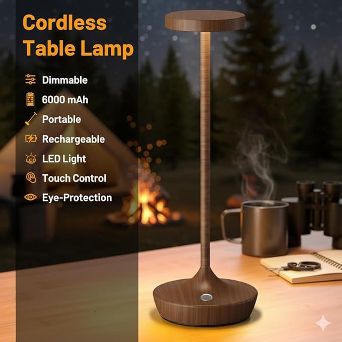 Cordless Table Lamp Rechargeable - 6000mAh LED Battery Operated Table Light - Portable Touch Dimmable Outdoor Waterproof Table Lamps for Patio Bar Restaurant Dining (2 Woodgrain)