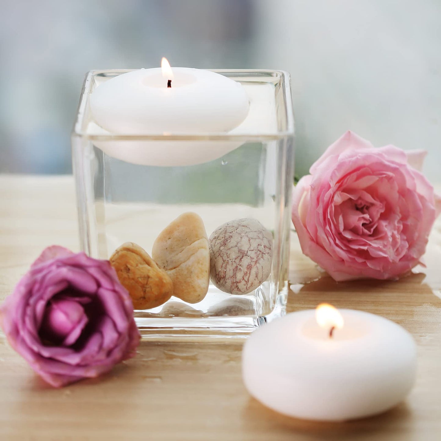 flamecan 24 Pack Floating Candles, 3” White Unscented Dripless Wax Burning Candles, for Cylinder Vases, Weddings, Party and Holiday …