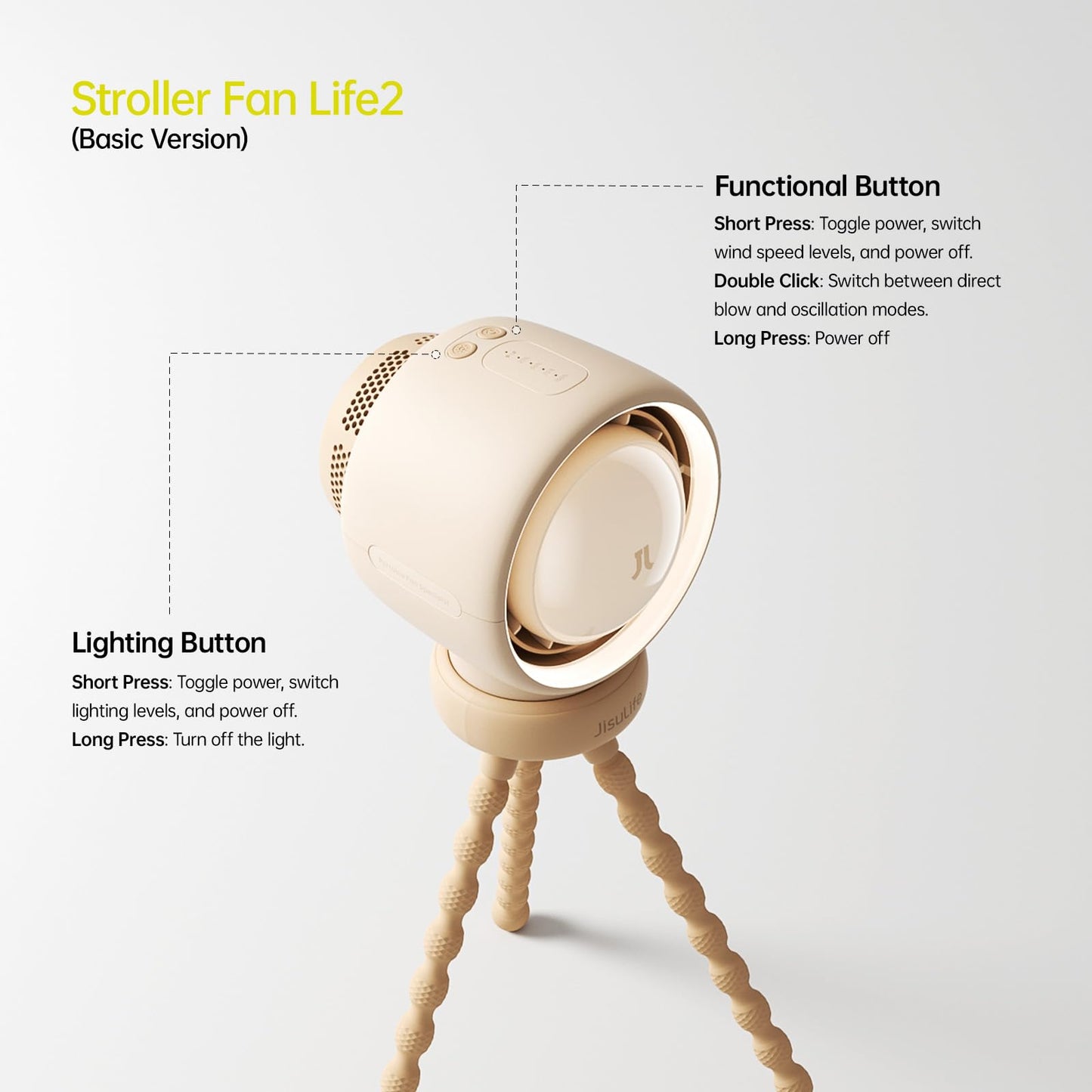 JISULIFE Stroller Fan Baby Large, Safe Bladeless for Crib, Desk, Portable Battery Rechargeable Cooling Fan with Air Turbo Tech, Night Light, Food-Grade Gift for Mom/Dad/Friend - Brown