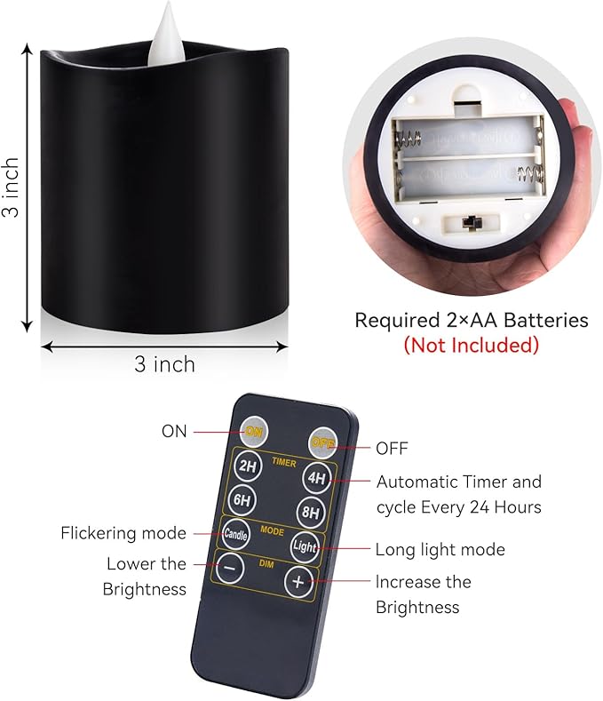 Black Flameless LED Candles - 3" x 3" Real Wax, Battery Operated with Remote Timer, 3D Flickering, Lasts 600+ Hours, Halloween & Christmas Deco (Black, 3"*3"-1pcs)