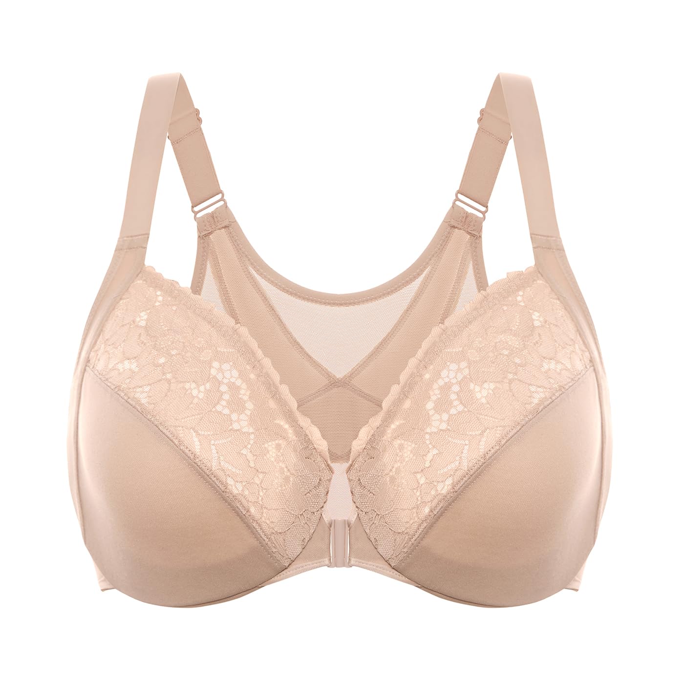 DELIMIRA Women's Front Closure Bras Posture Full Coverage Plus Size Lace Underwire Unlined Bra Beige 40DD