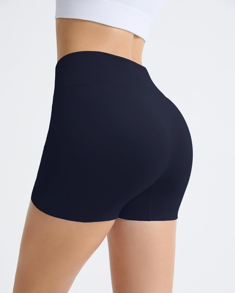RIOJOY Womens Workout Shorts 4" Seamless High Waisted Scrunch Sports Yoga Fitted Short Tummy Control Running Biker Athletic No Front Seam Pants Soft Lightweight Booty Leggings Navy Blue S