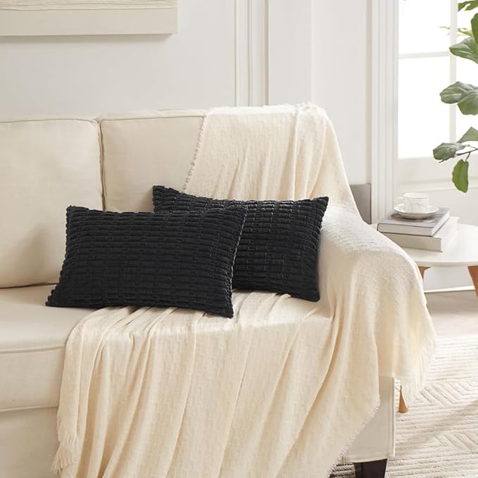 Fancy Homi Black Decorative Throw Pillow Covers 12x24 Inch for Living Room Couch Bed Sofa, Rustic Farmhouse Boho Home Decor, Soft Striped Corduroy Square Cushion Case 30x60 cm