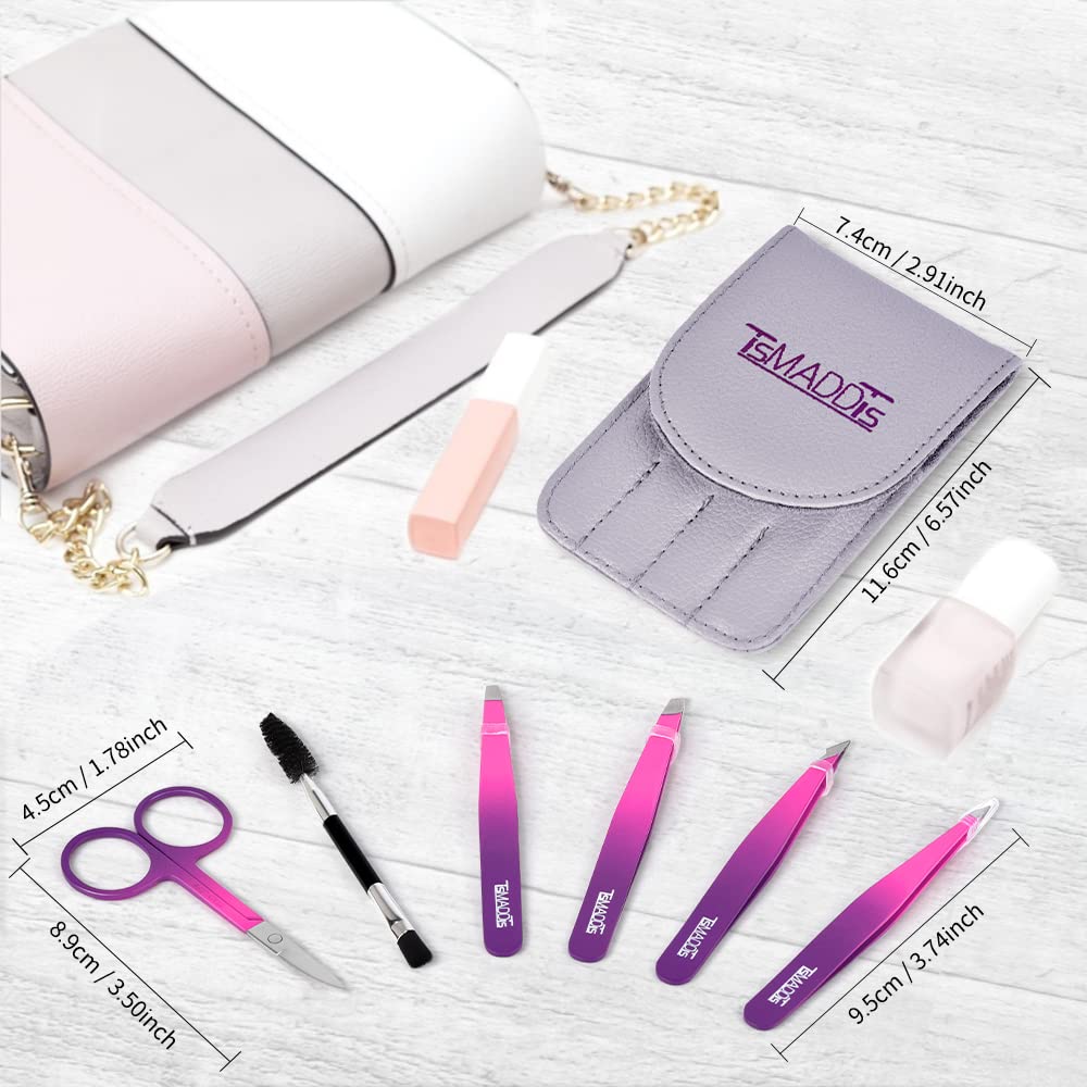 TsMADDTs 6 PCS Tweezers Set for Women, Eyebrow Tweezers with Curved Scissor for Ingrown Hair, Hair Plucking Daily Beauty Tools with Leather Travel Case