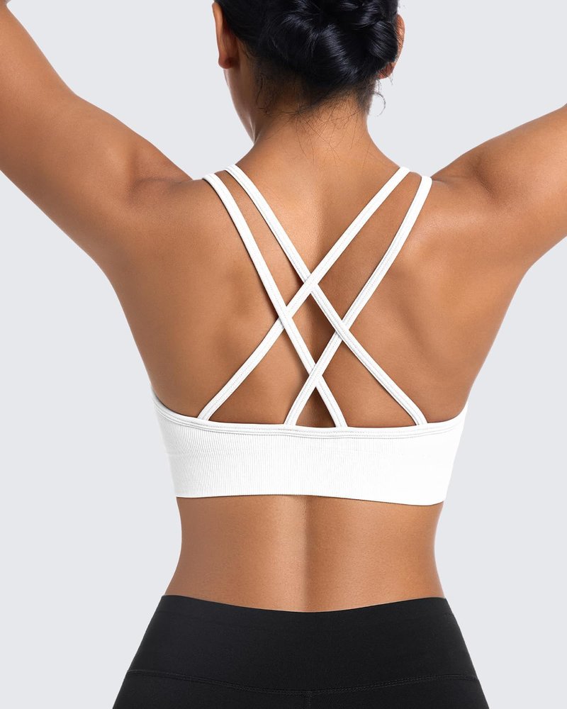 UOOMON Sports Bras for Women V-Neck Strappy Sports Bra Padded Criss Cross Back Medium Support Workout Yoga Bra for Gym Athletic Fitness 3 Pack