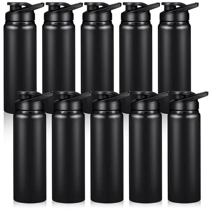 Chengu 10 Pcs 24oz Reusable Aluminum Water Bottle Bulk Operation Christmas Outdoor Lightweight Sports Water Bottles Easy Carry Leak Proof for Travel, Gym Camping Hiking Fishing, Snap Lid (Black)