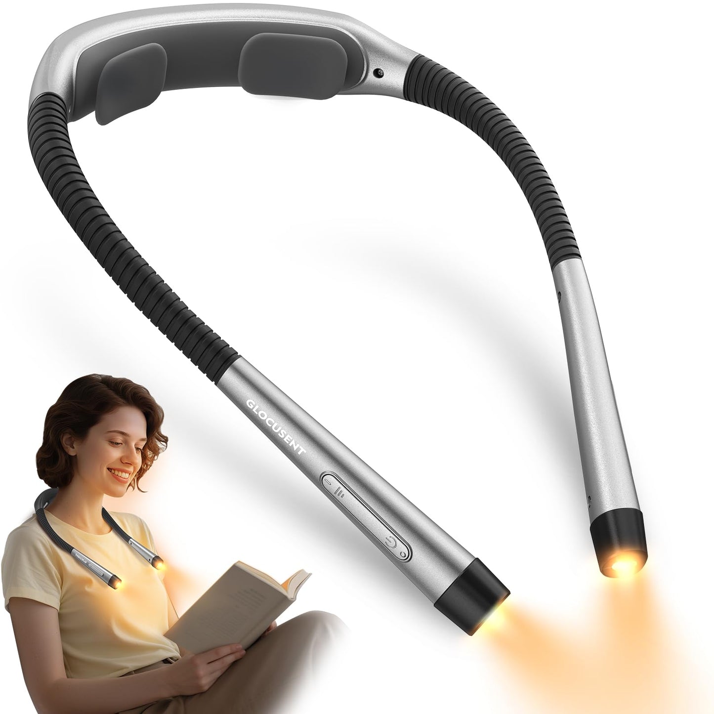 Glocusent Neck Light, 1600mAh Rechargeable Reading Light - 3 Colors & 5 Stepless Brightness, Book Light with a Lock, Timer & Sleep Aid, Ergonomic Design, Perfect for Reading, Knitting & Craft