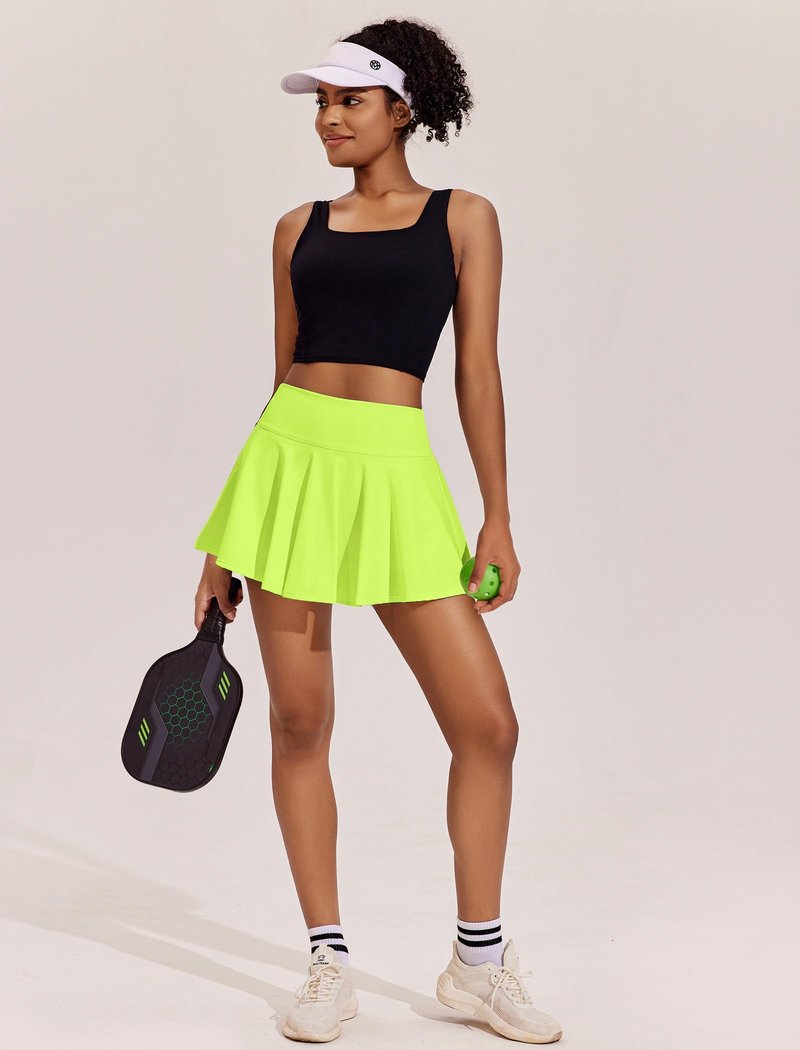 PINSPARK Tennis Golf Skirt for Women Built in Shorts High Waist Active Wear Skorts Flowy Athletic Skirt Neon Green S