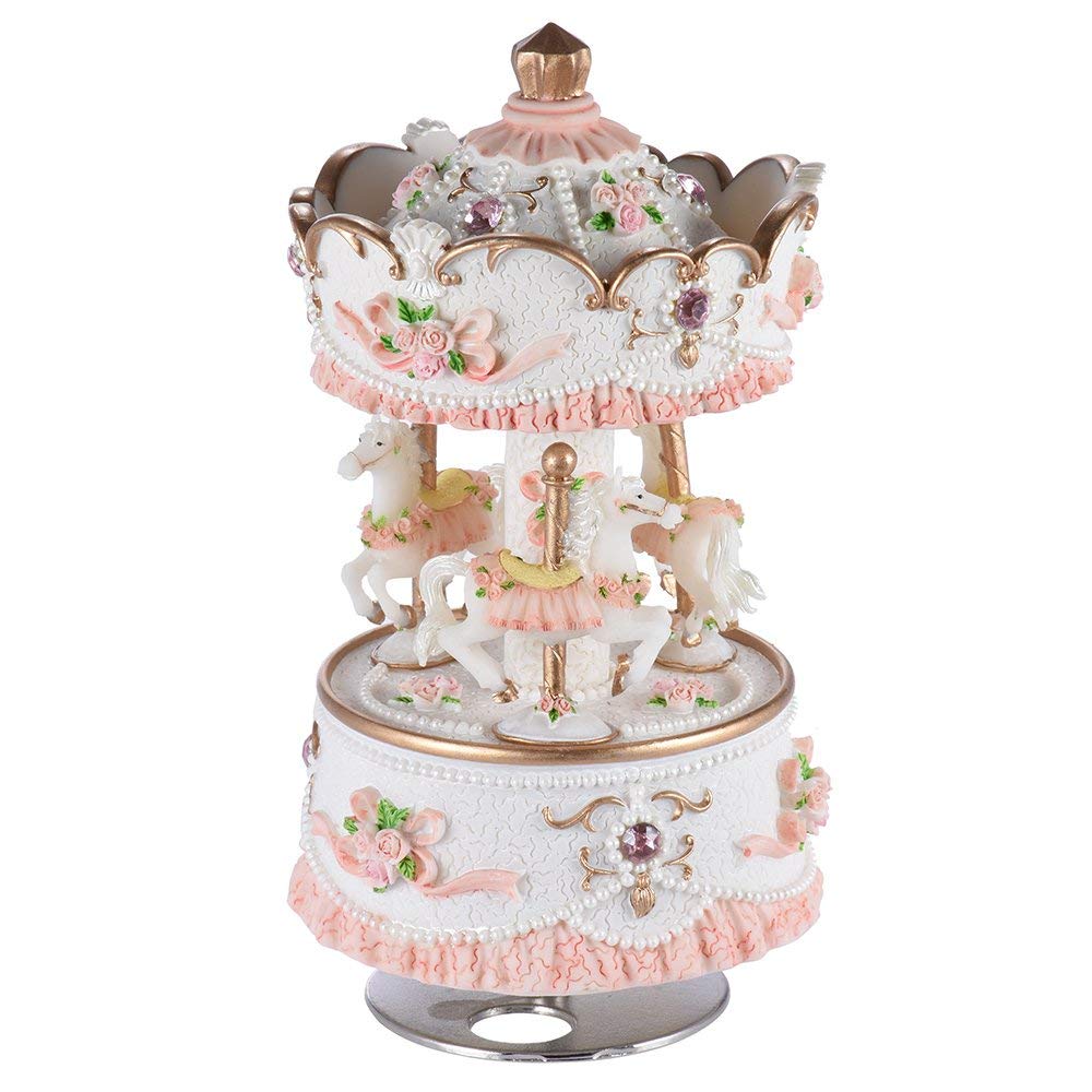 Carousel Music Boxes for Girls 3-Horse Rotating Windup Melody Castle in The Sky Color Change LED Lights Musical Gift for Daughter Birthday Christmas Festival Music Box Artware Pink