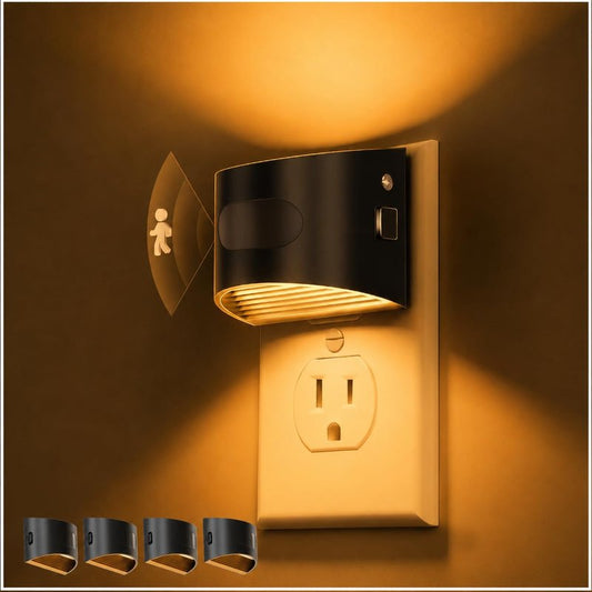 L LOHAS LED Night Light with Motion Sensor & Dusk to Dawn Sensor, Night Lights Plug into Wall with 30-100lm Adjustable Brightness, Dimmable Night Light for Bathroom Hallway, 1600K Amber, 4 Pack