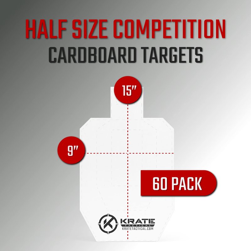 KRATE Tactical Cardboard Targets - Half Size Competition Paper Silhouette Shooting Torso Targets for Shooting Range & Gun Practice w/Rifles, Handguns, Shotguns, Airsoft or BB Guns (60-Pack 15” Torso)