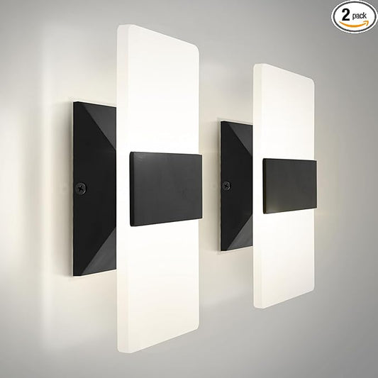 ASD 8 Inch LED Indoor Wall Sconce - Modern Interior 10W 120V 2700K-5000K Adjustable Dimmable Wall Mounted Light Fixtures, Acrylic Glass Wall Lights for Stairway, Hallway - ETL, Matte Black 2 Pack