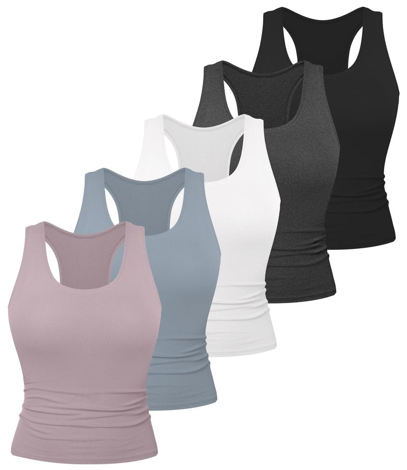 Dalavch 5 Pack Women's Workout Racerback Tank Tops Spandex Yoga Athletic Running Gym Sports Crop Tops for Women No Built-in Bra 1 Black 1 White 1 Heather Grey 1 Pink 1 Blue Small