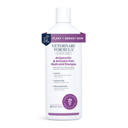 Veterinary Formula Clinical Care Antiparasitic & Antiseborrheic Medicated Dog Shampoo, 16 oz – Paraben, Dye, Soap Free – Hydrating and Antifungal Shampoo for Dogs, White