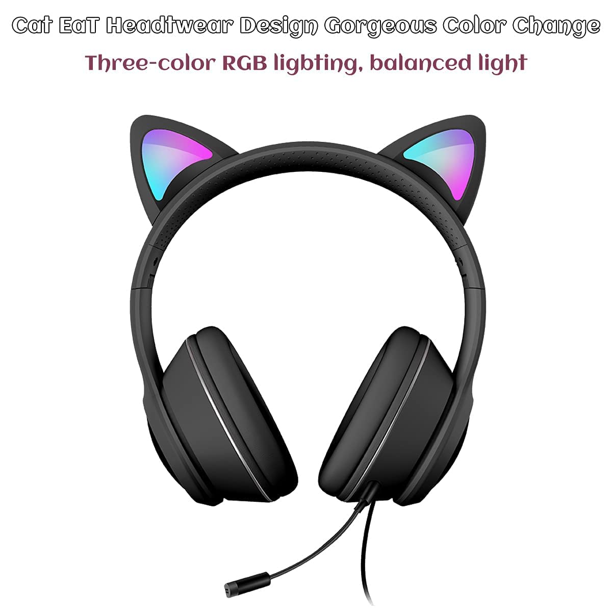 Cat Ear Gaming Headphones Wired AUX 3.5mm with LED Light, VIGROS Flashing Stereo Game Headphones Surround Sound Over-Ear Headsets with Microphone Fit Kids & Adult for PC, PS4, Switch, Mobile, Laptop