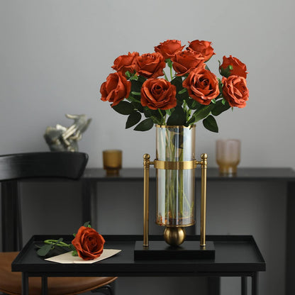 Veryhome 10 Pcs Artificial Roses Silk Flowers Fake Single Stem Rose Bud Bridal Bouqets For Wedding Home Birthday Party Arrangment Garden Decoration (Burnt Orange)