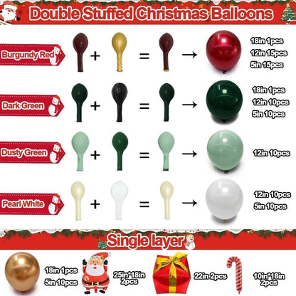 Christmas Balloon Arch Kit, Double Stuffed Dark Green Red Pearl White Gold Balloons Emerald Green Burgundy Balloon Garland for Christmas New Year Xmas Birthday Wedding Festival Party Decorations