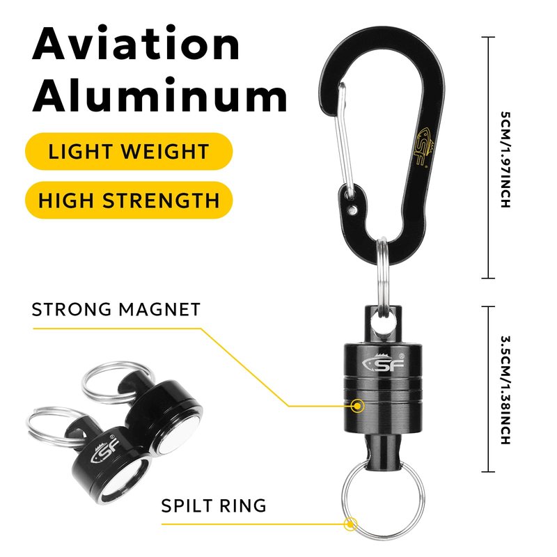SF Strongest Magnetic Release Holder Keychain Fly Fishing Net Retractor Magnet Clip with Coiled Lanyard Aluminum Alloy Hook - Black