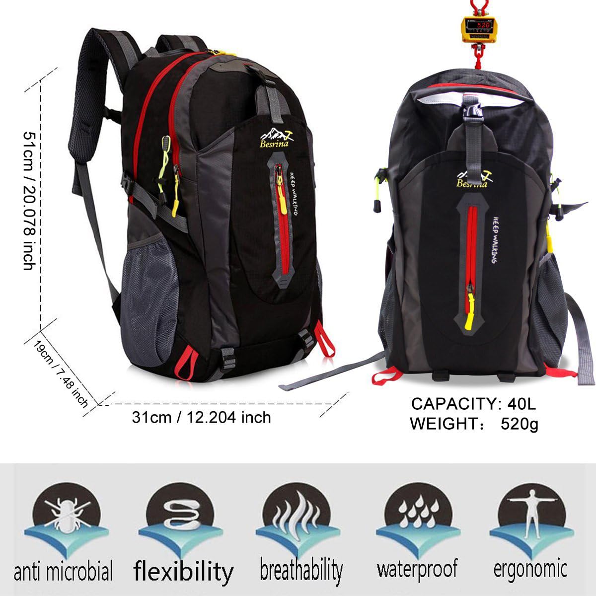 Besrina 40L Lightweight Hiking Backpack, Multi-functional Water-resistant Casual Camping Trekking Rucksack for Cycling Travel Climbing Mountaineer Outdoor Sport