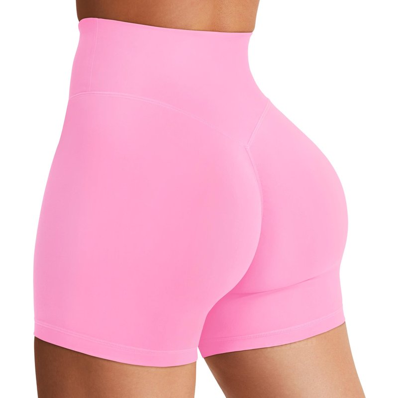 YEOREO Women's Biker Shorts 4.5" / 6" Workout Gym Shorts Craze High Waist Tummy Control Hidden Scrunch Running Yoga Bubblegum Pink S